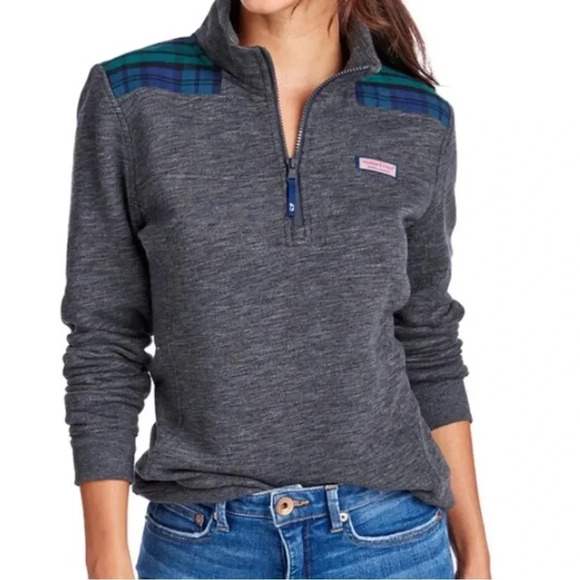 Vineyard Vines Shep Shirt Gray & Plaid 1/4 Zip Collared Pullover Warm Comfort - Picture 2 of 11